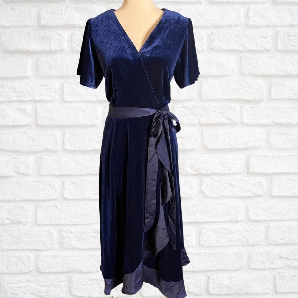 Lane Bryant 14/16 Blue Velvet Faux Wrap Midi Dress Ruffle Short Sleeve V-Neck